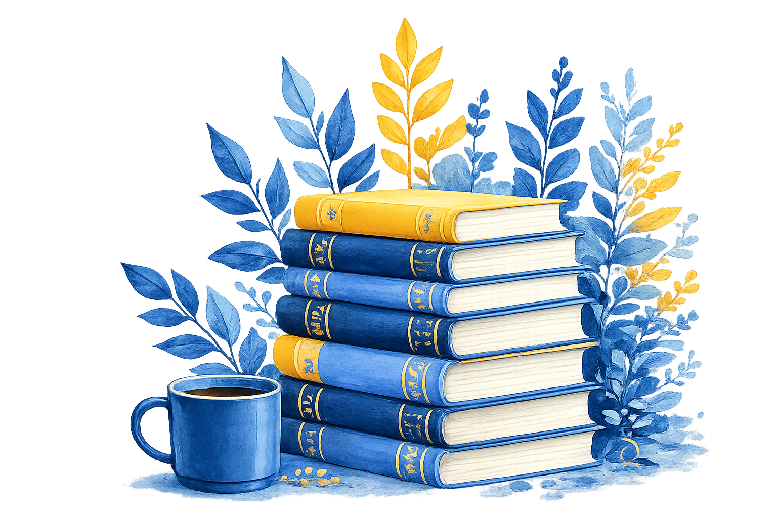 Stack of books with coffee mug and botanical elements